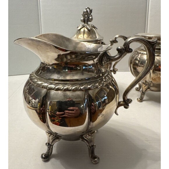 Vintage Sheridan Art Deco Silver on Copper Sugar and Creamer 3 Piece Set Footed - Picture 3 of 12